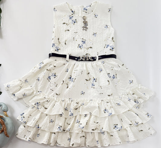 Frock Dress | White Floral Ruffle Frock with Belt | Girls Dress