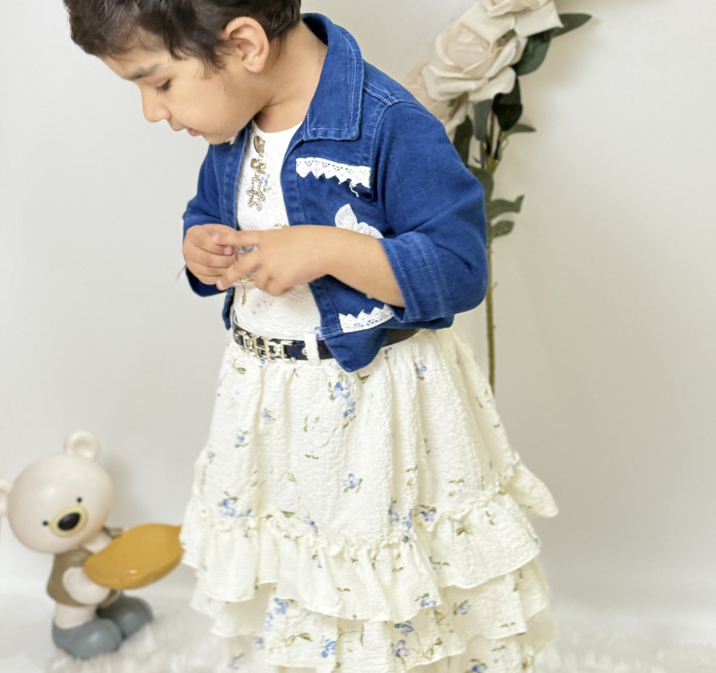 Frock Dress | White Floral Ruffle Frock with Belt | Girls Dress